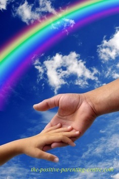 Hand Under Rainbow Reaching Out To Child